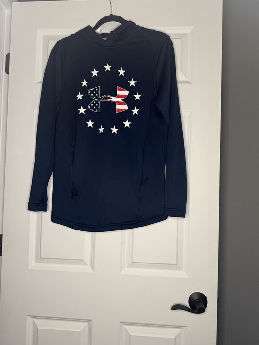 Under Armour Fitted Hooded Sweatshirt Small Navy Red White Blue Stars 