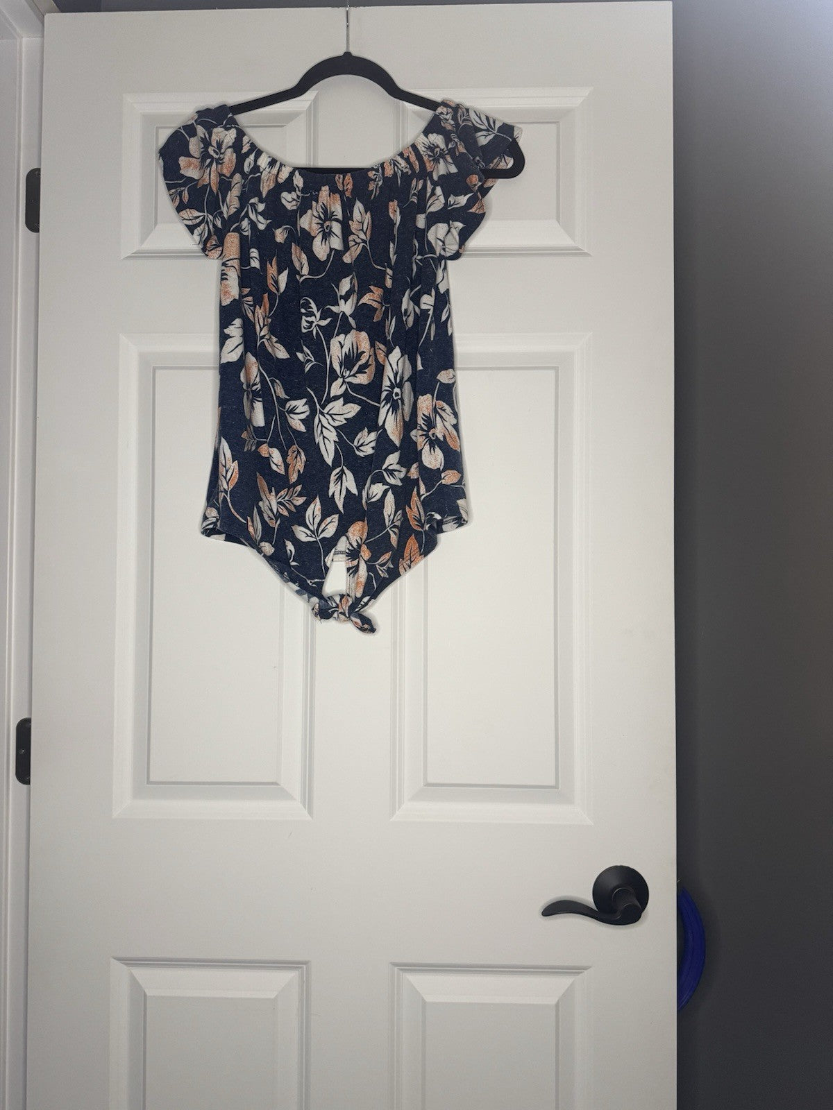 Lovely Melody Short Sleeve Tie Front Blouse Small Heathered Blue Multi Floral 