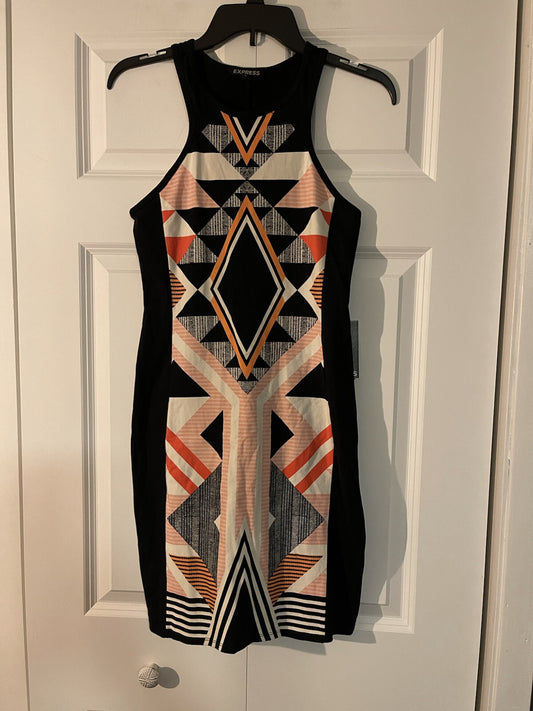 Express small sleeveless dress black white coral orange print nwt