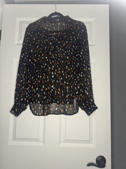 Velvet Heart Sheer Button Up Blouse Medium Black W Multi Print NWT 68