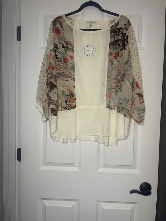 Umgee Flowy Sleeve Blouse W Sheer On Sleeve And Sides Xl Cream Multi Floral Nwt