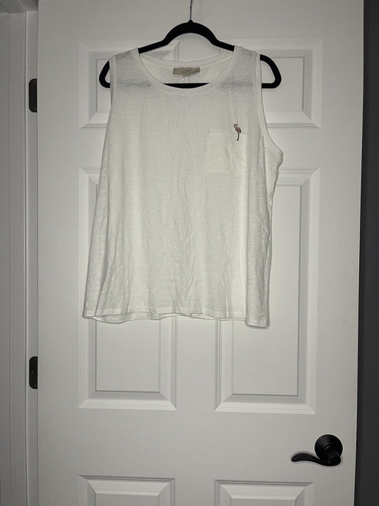 Loft sleeveless blouse white with flamingo stitching xl NWT