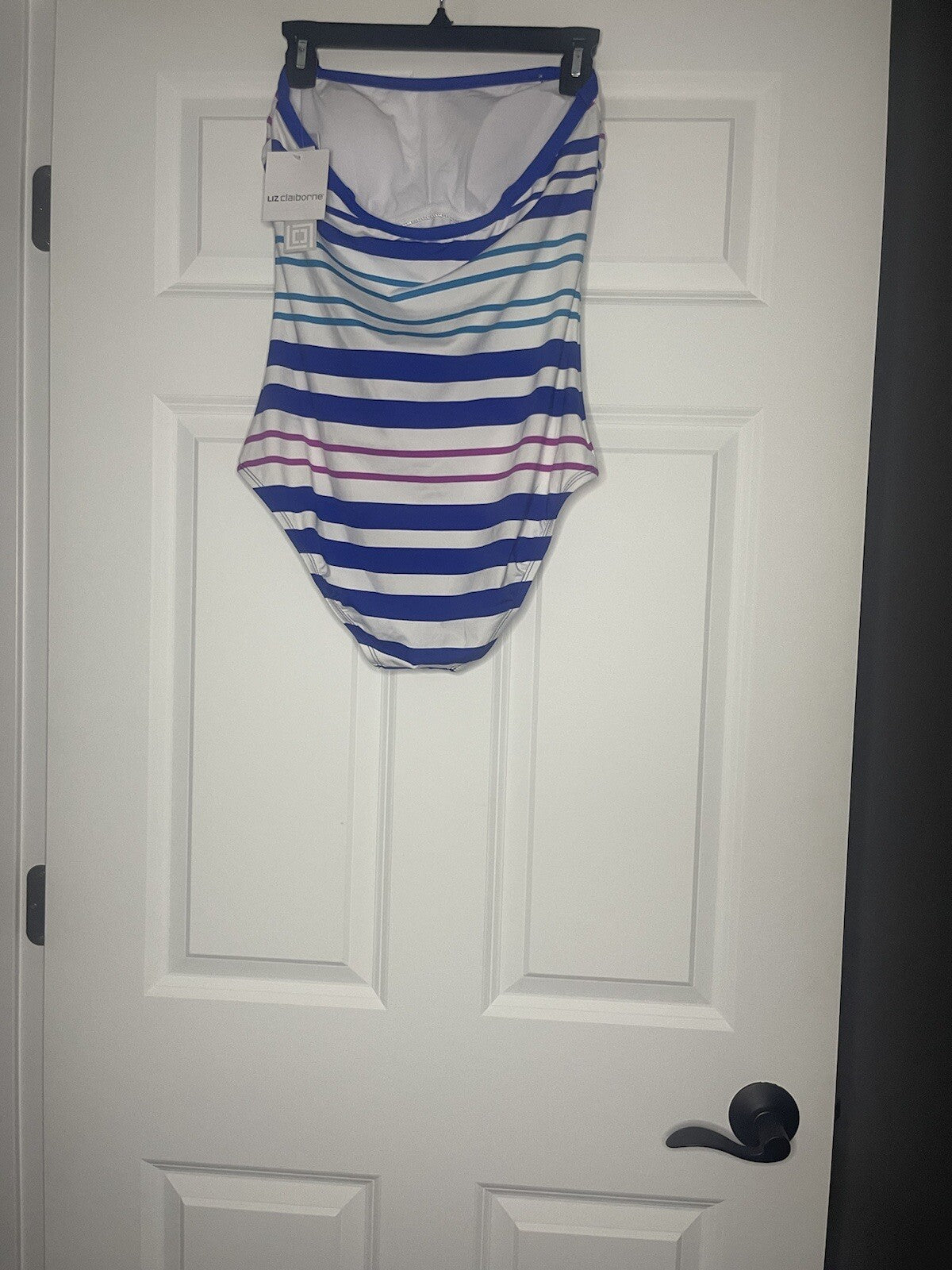 Liz Claiborne one piece swimsuit strapless 10 white blue pink teal NWT