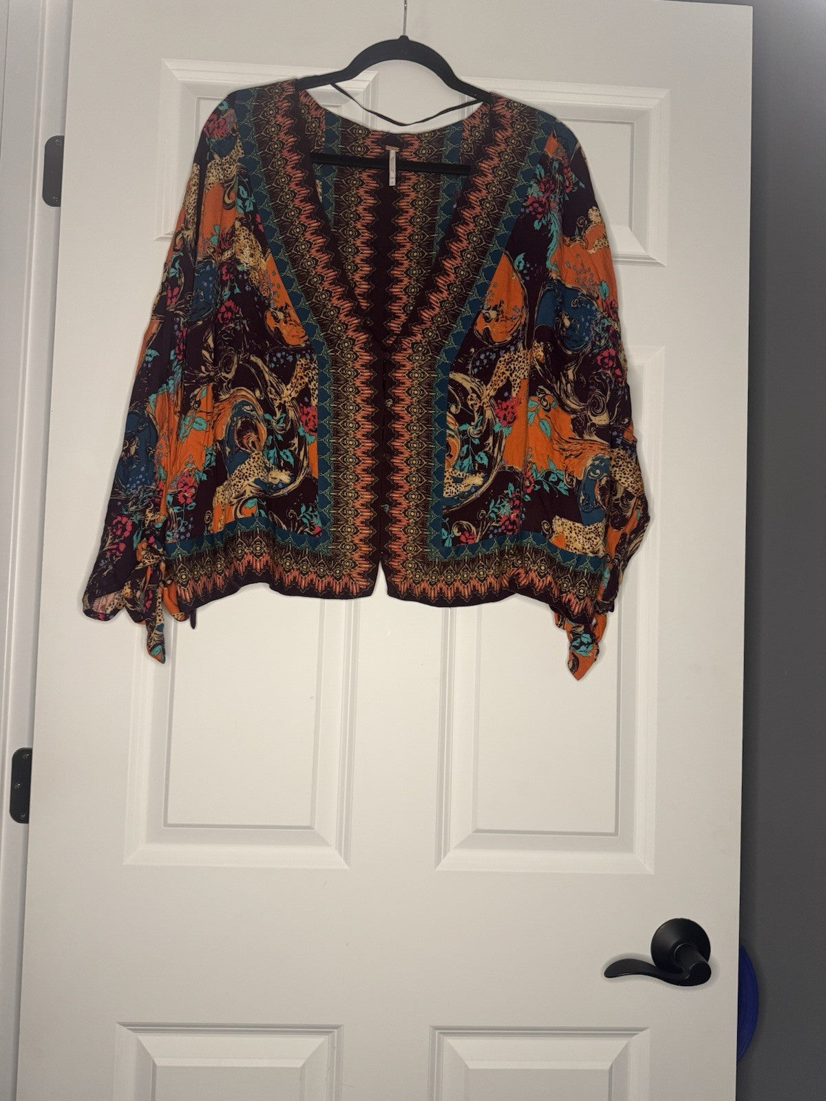Free People 3/4 Sleeve Button Up Blouse Large Purple Orange Teal Pink Floral Pro