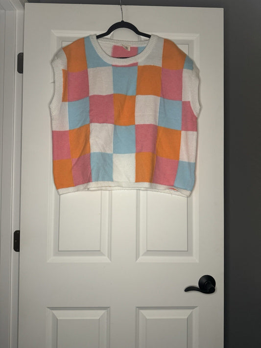 Bibi Large Short Sleeve Sweater White Pink Blue Orange Check 