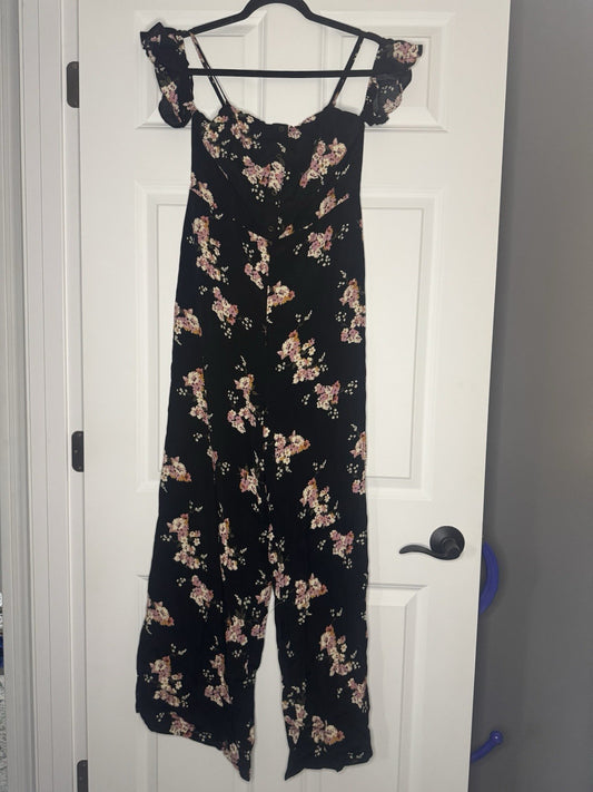 Wild Fable Cut Out Shoulder Jumpsuit Medium Black With Multi Floral 