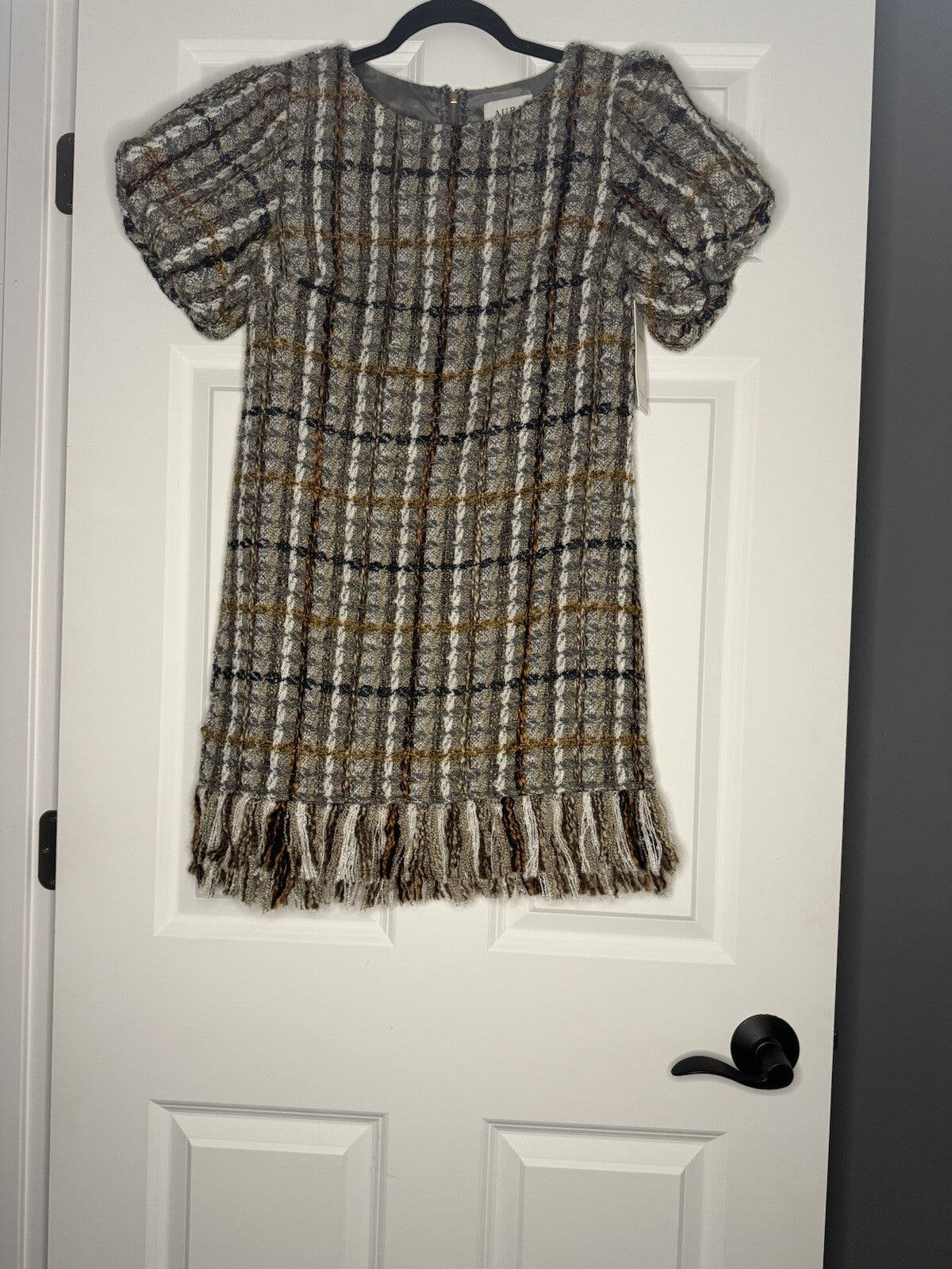 Aura Short Sleeve Dress Small Ivory Beige Gray Mustard Stitching Nwt 