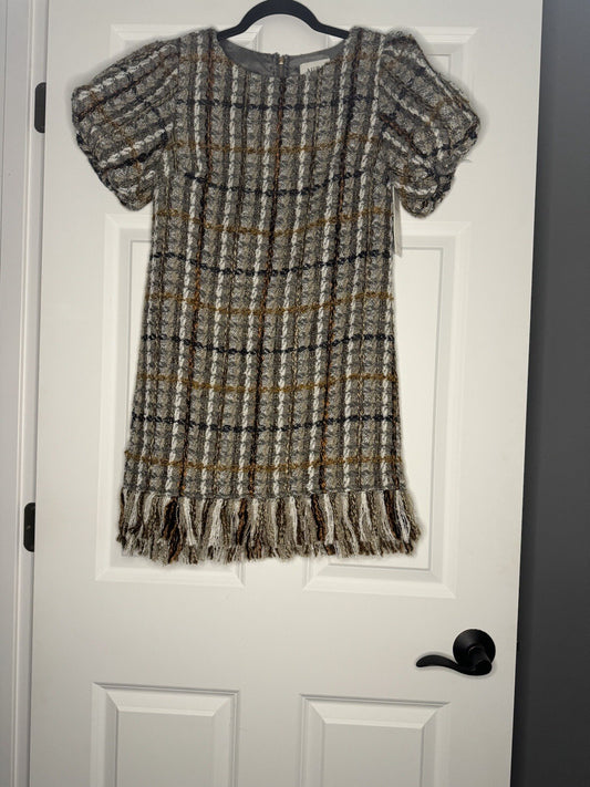 Aura Short Sleeve Dress Small Ivory Beige Gray Mustard Stitching Nwt 