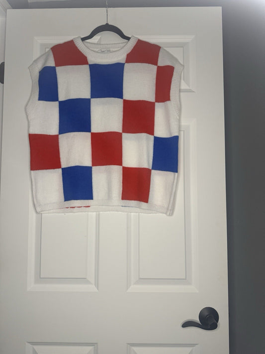 Sewn And Seen Sleeveless Sweater Medium White Red Blue Check