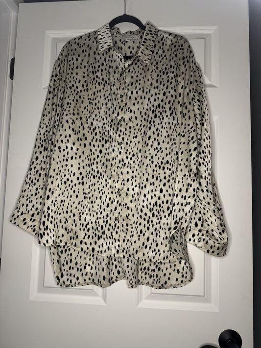 She Sky Button Up Blouse 1x Taupe W Black Animal Print 