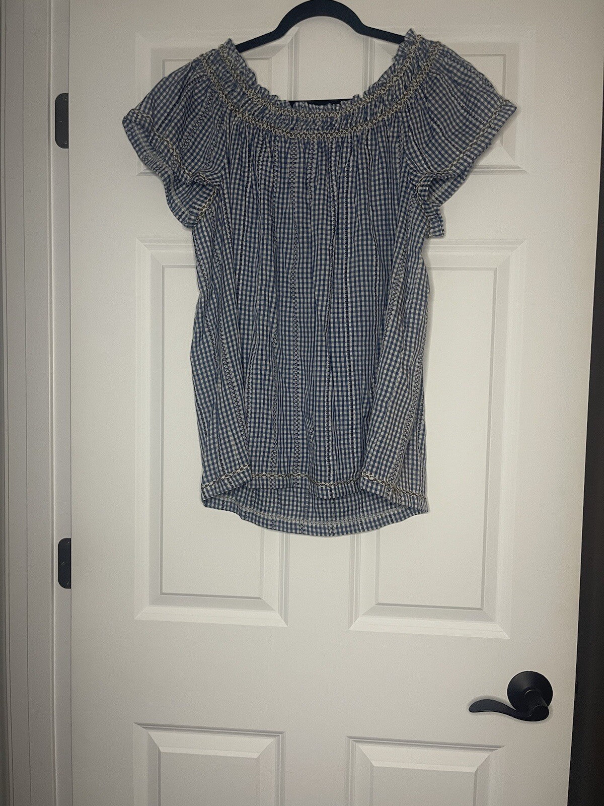 Max Studio Short Sleeve Blouse Xl Blue White Checkered W Stitching Nwt Msrp 78