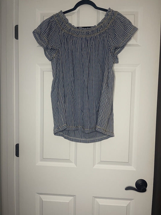 Max Studio Short Sleeve Blouse Xl Blue White Checkered W Stitching Nwt Msrp 78