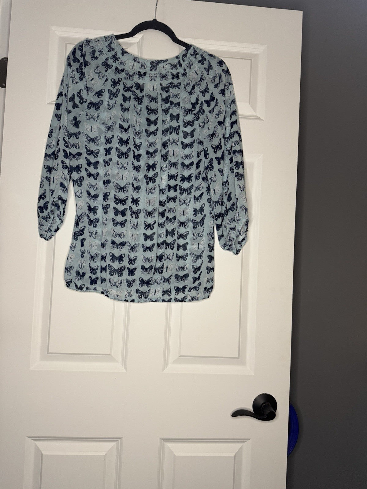 Banana Republic 3/4 Sleeve Blouse Sheer Blue W Blue White Butterfly Print 