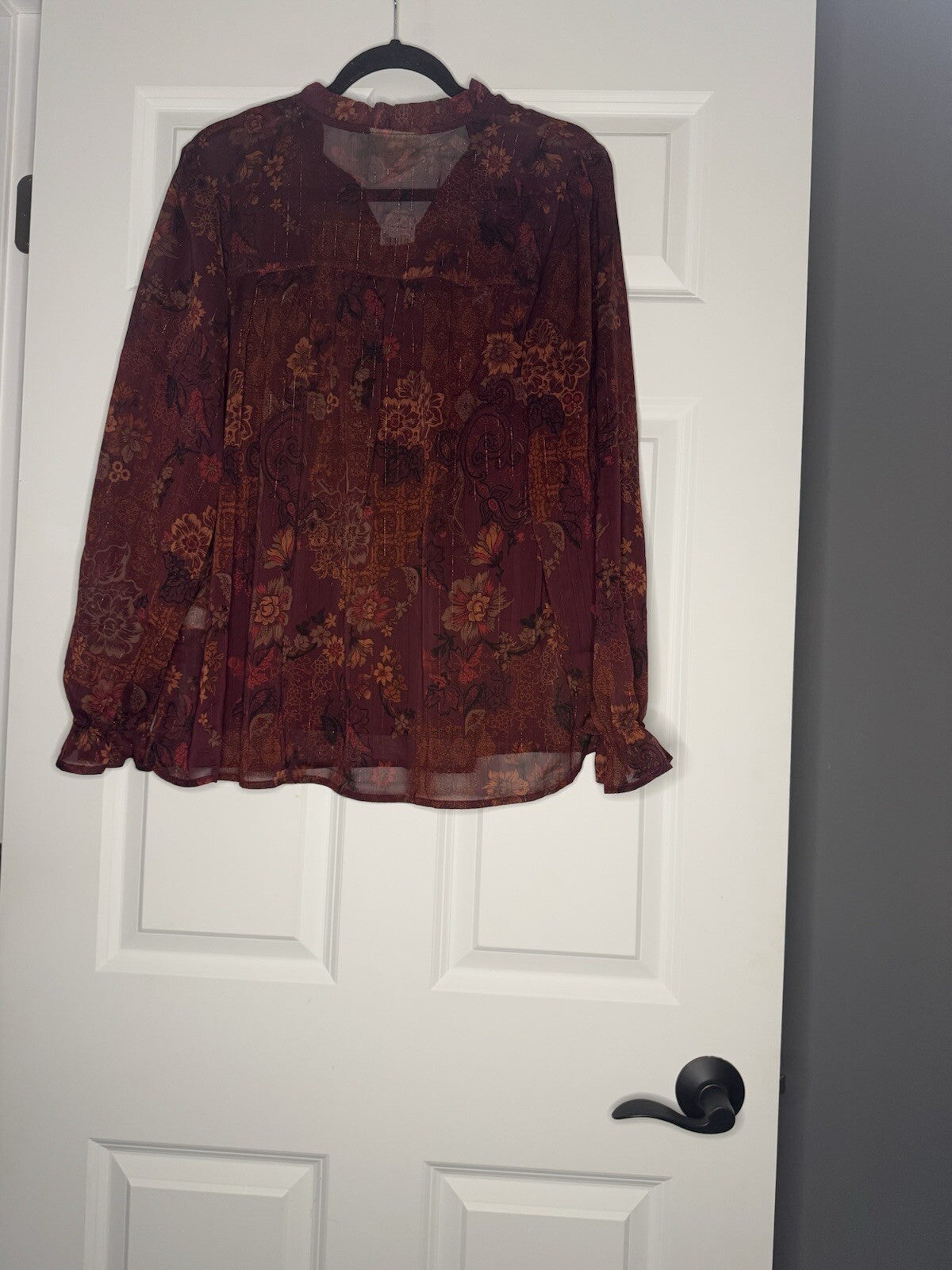 Cloth And Portrait Long Sleeve Sheer W Under Tank Large Plum Gold Multi Flor Nwt