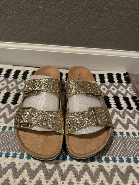 Boutique By Corkys Size 9 Sandals Brown W Gold Sparkle Straps Brand New