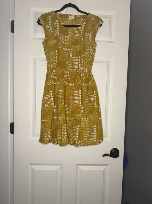 Mata Traders Short Sleeve Dress Mustard Cream Print Small