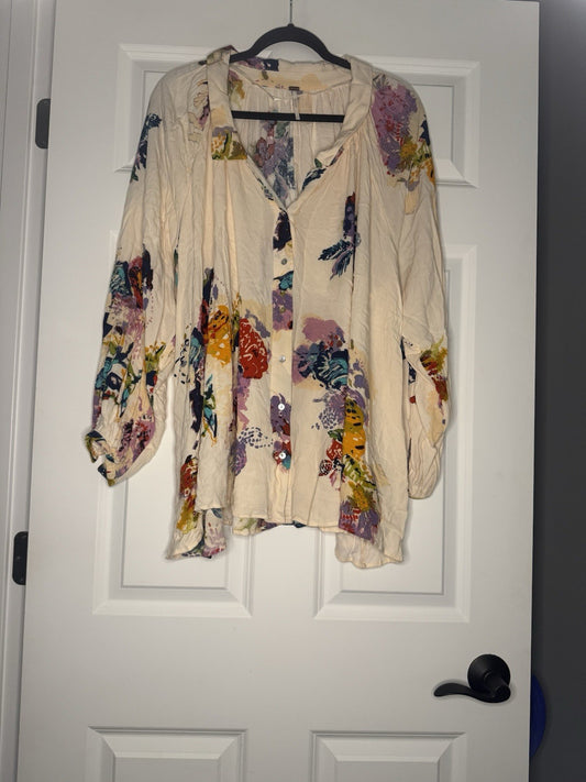 Free People Button Up Long Sleeve Blouse Medium Peach W Multicolor Floral 
