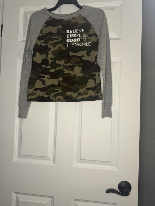 Zoe Liv Long Sleeve Top Small Believe There Is Good In The World Camo Nwt 