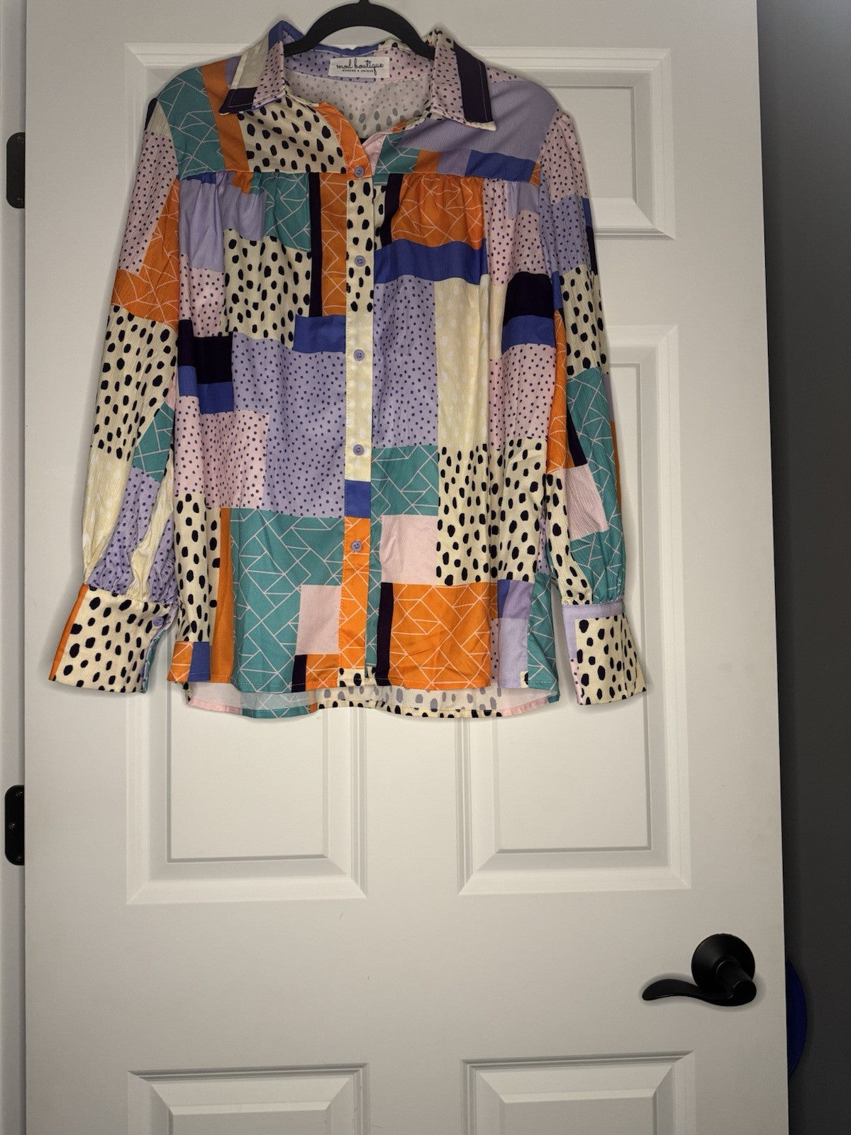Mod Boutique Button Up Blouse Xl Green Orange Purple Beige White Print