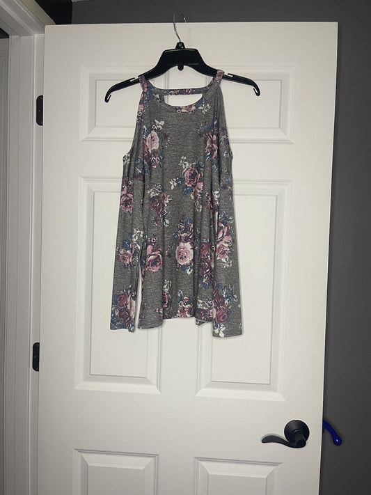 Pink Rose long sleeve blouse with cut out shoulders medium gray w multi floral 