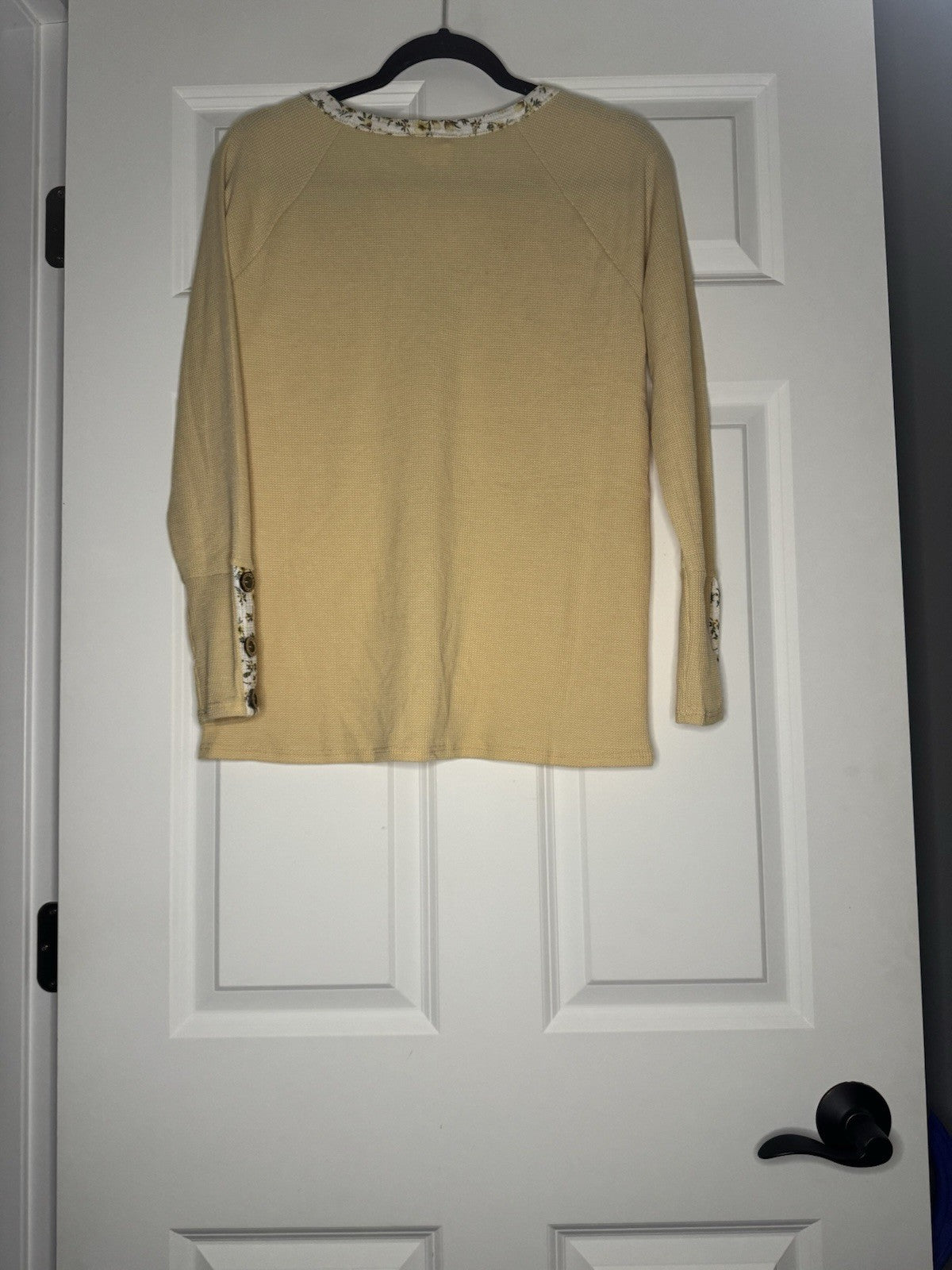 Bibi Long Sleeve Waffle Knit Top Yellow W White Green Yellow Floral Trim Large 