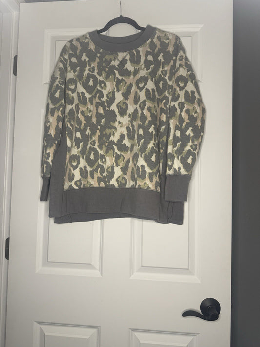 Bke Crew Sweatshirt Small Slits In Sides Gray Pink Green Cream Print 