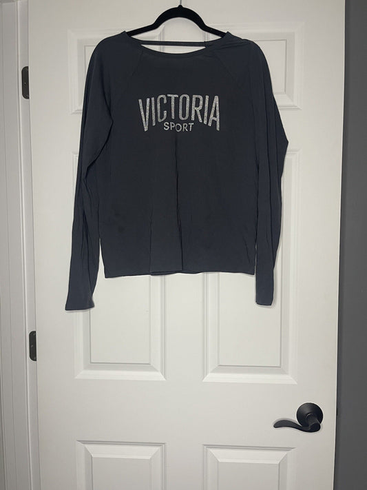 Victorias Sport Long Sleeve Top Medium Gray With Sparkle Logo Cut Out Black 