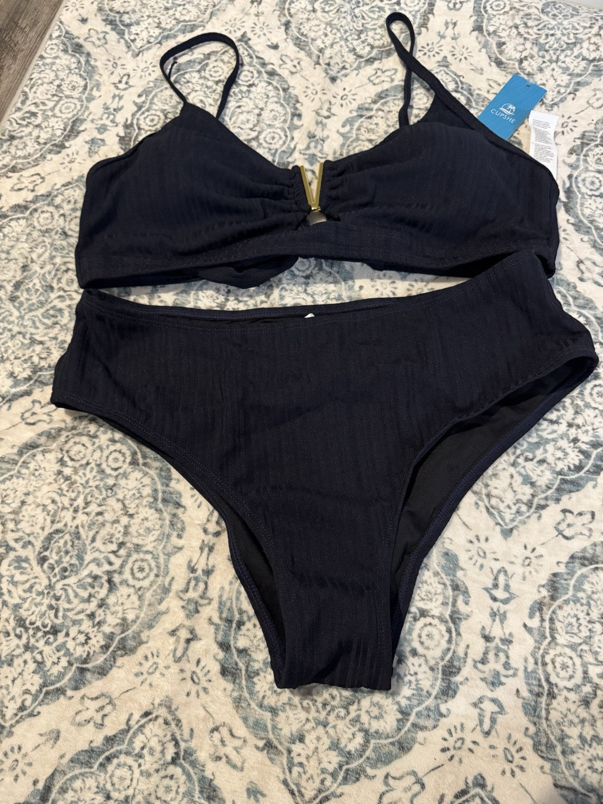 Cupshe 2 Pc Bikini Large Navy Lined Gold Center Nwt 