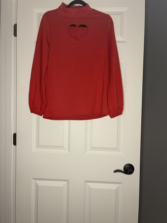 Bibi Long Sleeve Heart Cut Out Blouse Small Red