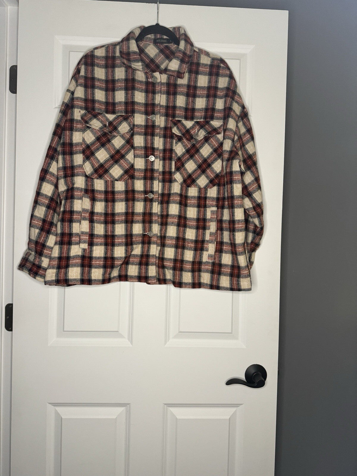 Mikarose Shacket Large Cream Beige Navy Red Plaid