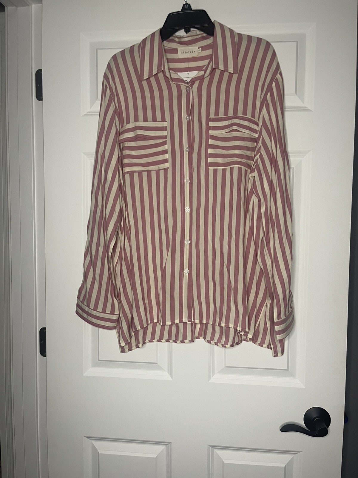 Ninexis lola striped button down top 1x mauve and cream