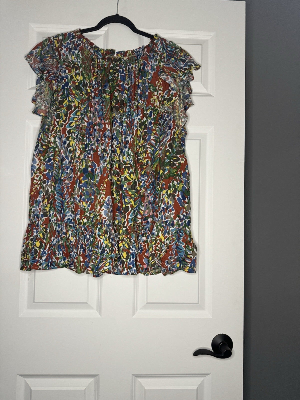 Kori Plus Short Sleeve Blouse 2x Red W Green Yellow White Floral Print 