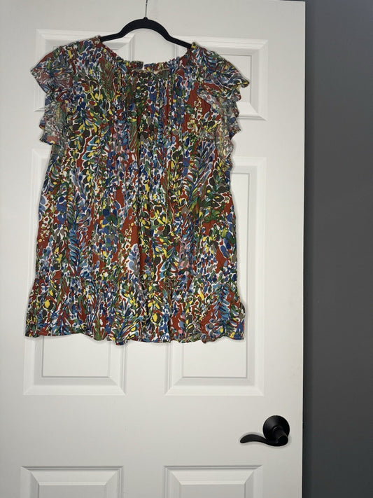 Kori Plus Short Sleeve Blouse 2x Red W Green Yellow White Floral Print 