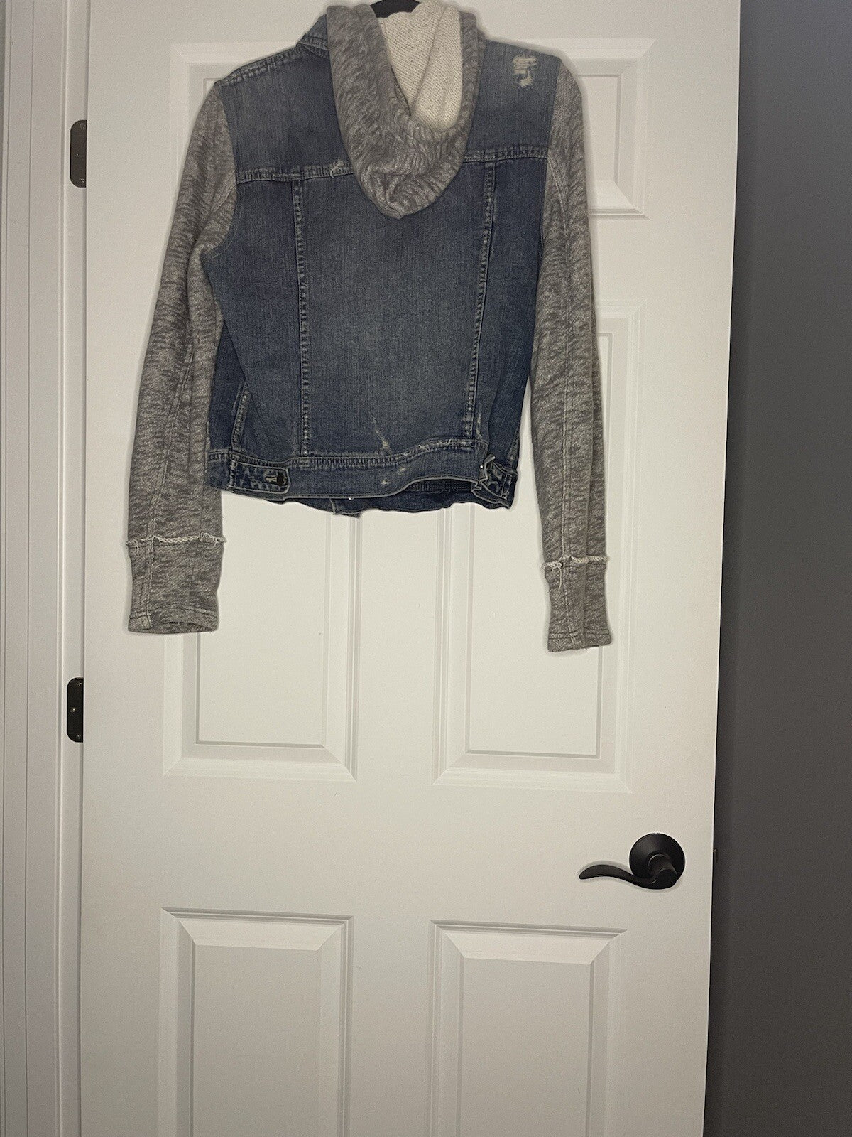 Free People Jean Jacket W Sweatshirt Material Arms Hood Large Blue Gray 