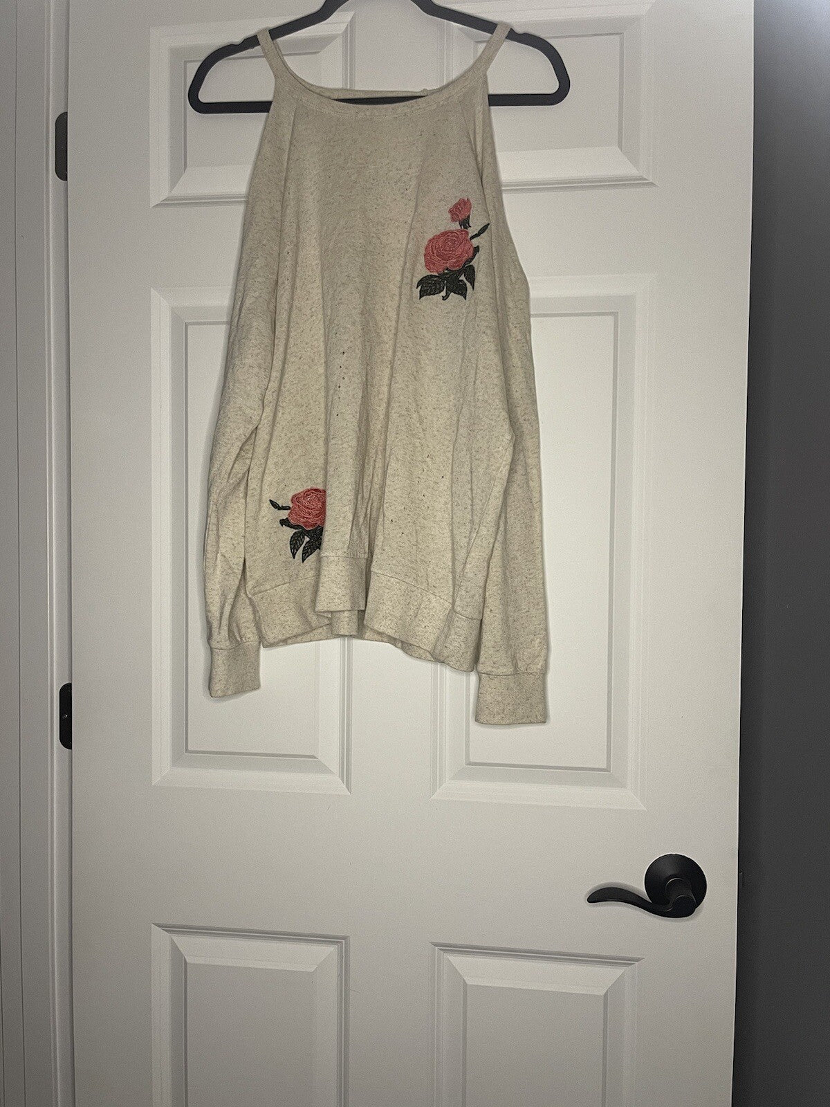 Lucky Brand Sweater Cut Out Shoulders Large Beige Distressed W Multi Floral