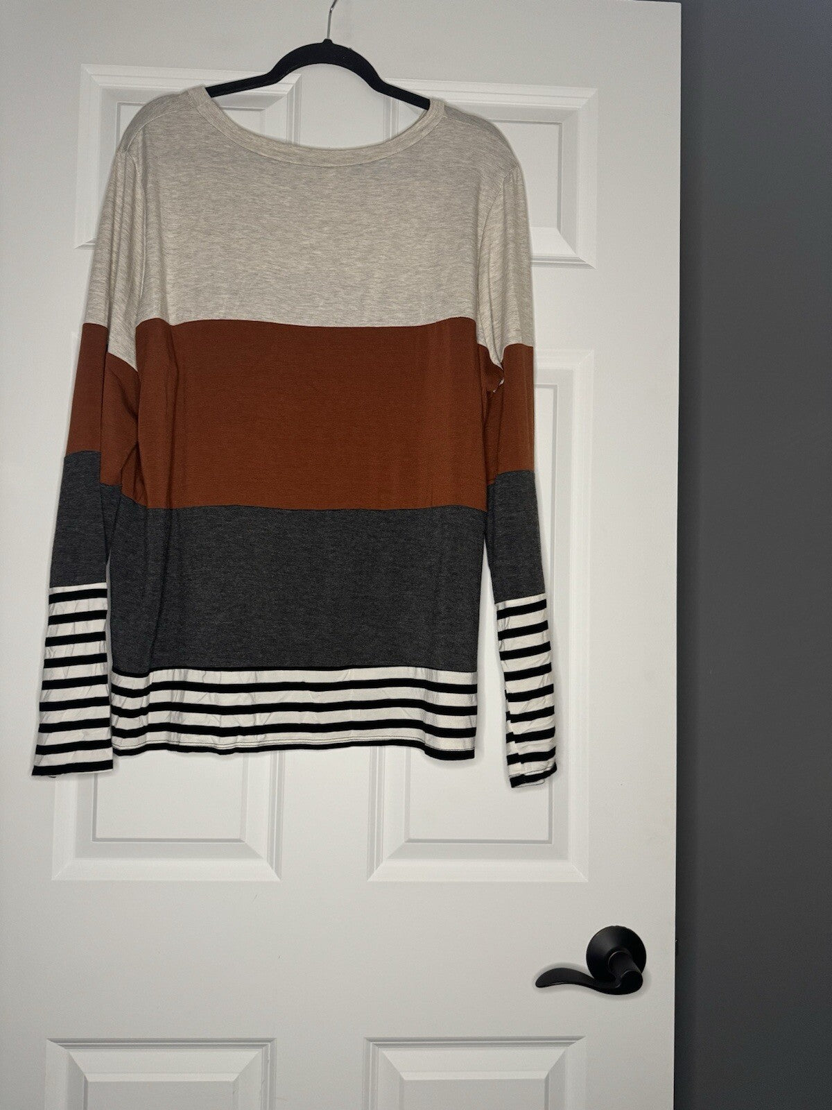 Vanilla Bay Long Sleeve Blouse 2x Beige Rust Gray Black White Stripe 