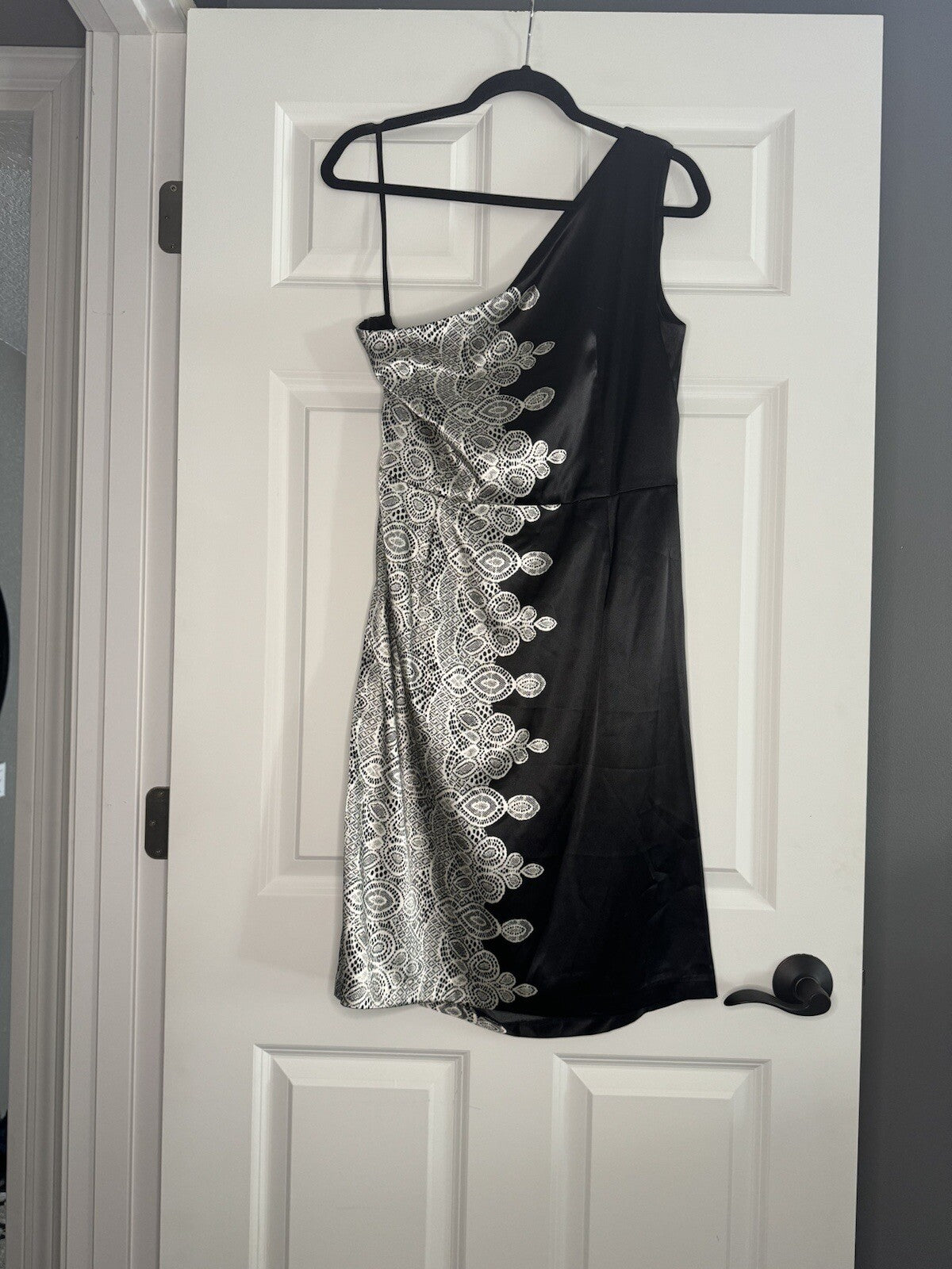 London Times One Shoulder Dress Black W Cream Doiley Print 14 Nwt 