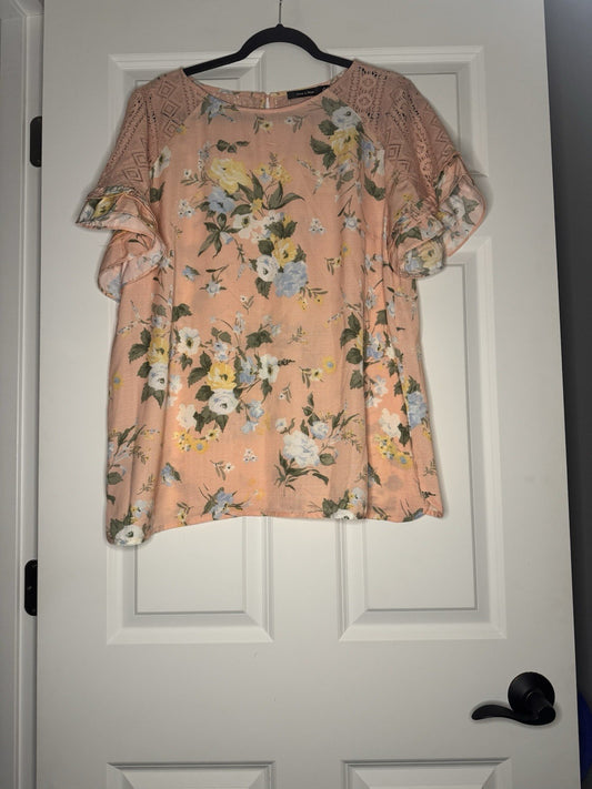 Doe And Rae Short Sleeve Blouse 1x Peach Green Blue Yellow W Lace Nwt 36 