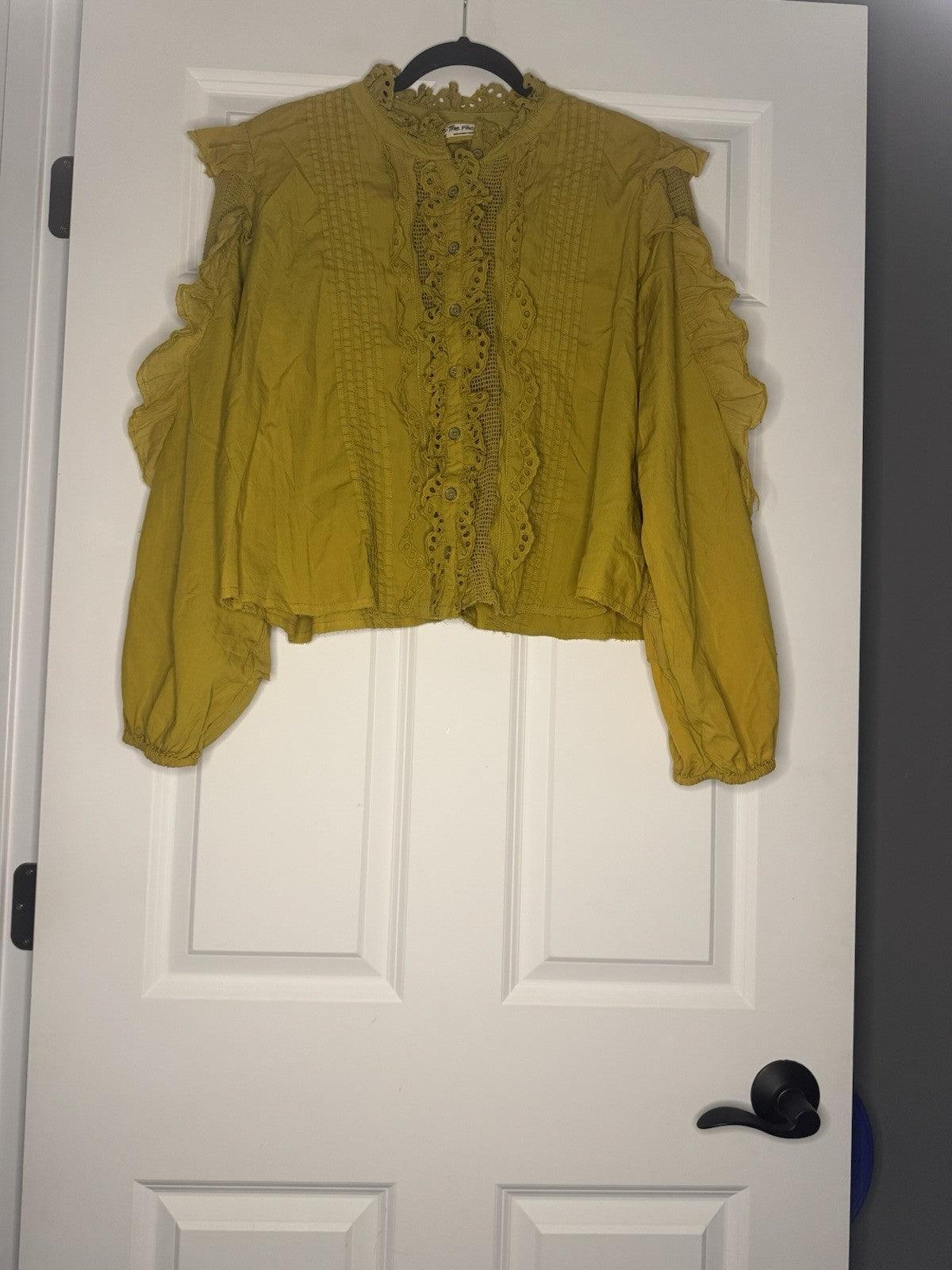 Free People Button Up Blouse Greenish Yellow Large Crochet And Mesh Sleeves Back