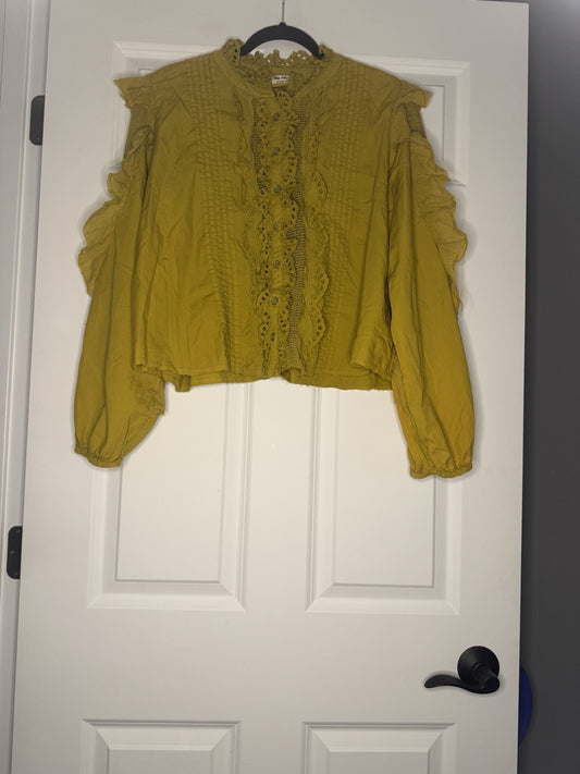 Free People Button Up Blouse Greenish Yellow Large Crochet And Mesh Sleeves Back