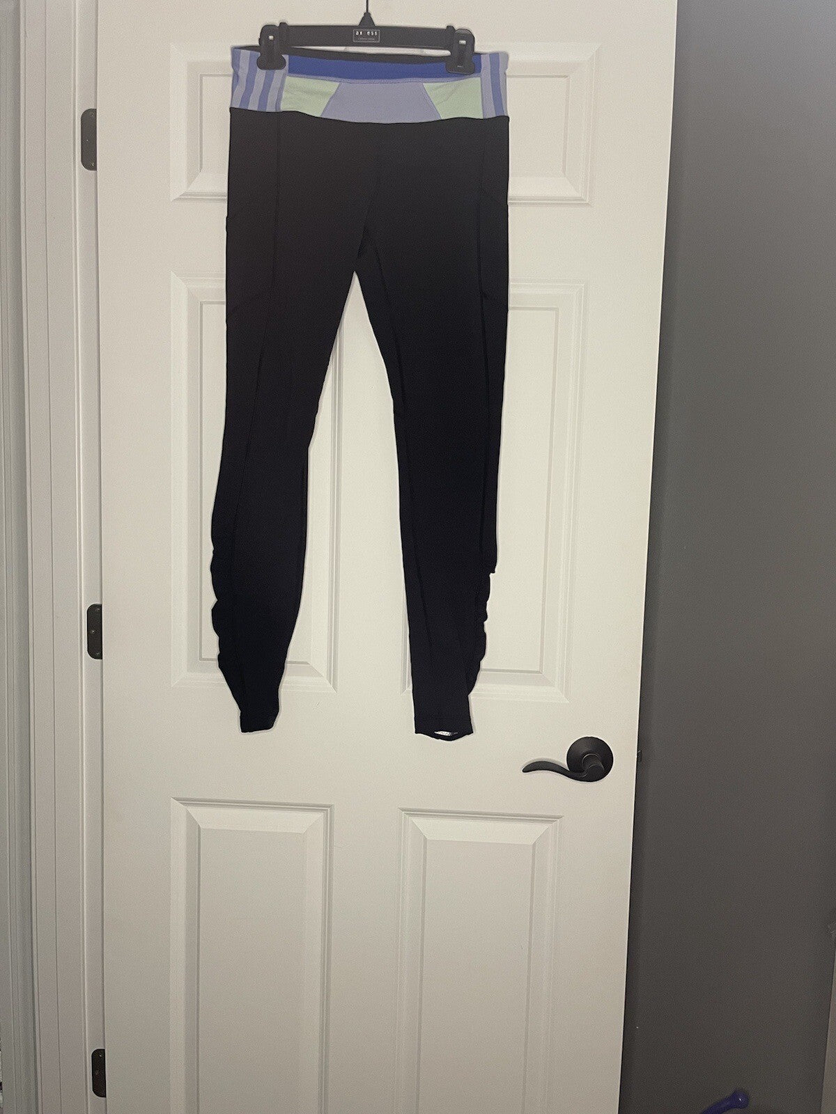 Lululemon Leggings Size 10 Black W Pockets Cinch Bottom Waistband Green Purp Blu