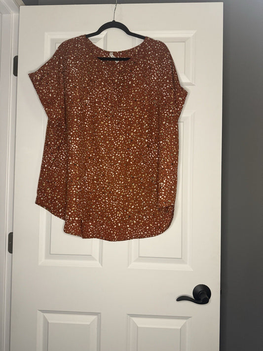 Mts Short Sleeve Blouse 1x Burnt Red With Multicolor Print 