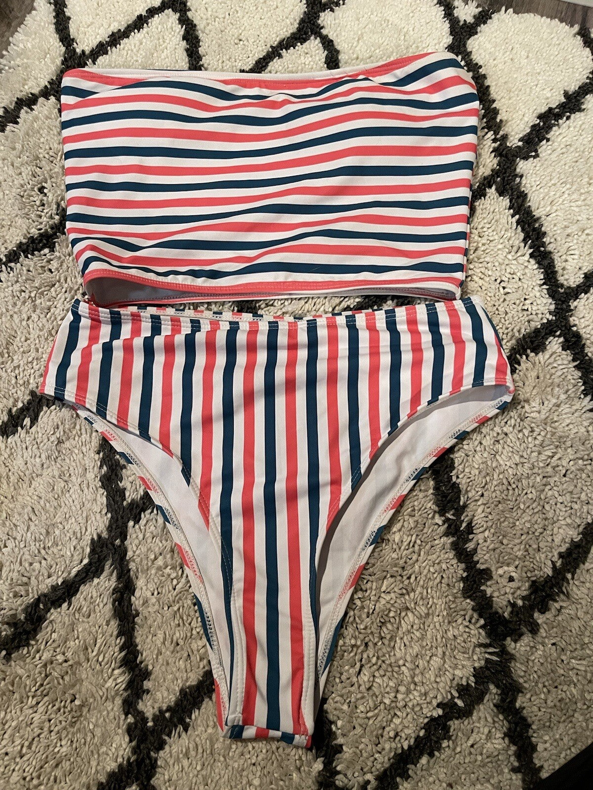 Unbranded Two Piece Swimsuit Medium Pink Green White Stripe