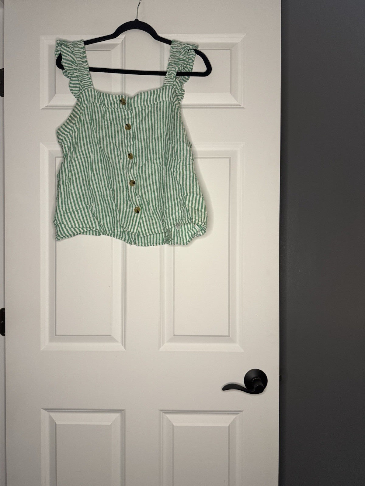 J Crew Large Sleeveless Top Ruffle Sleeve Green White Stripe