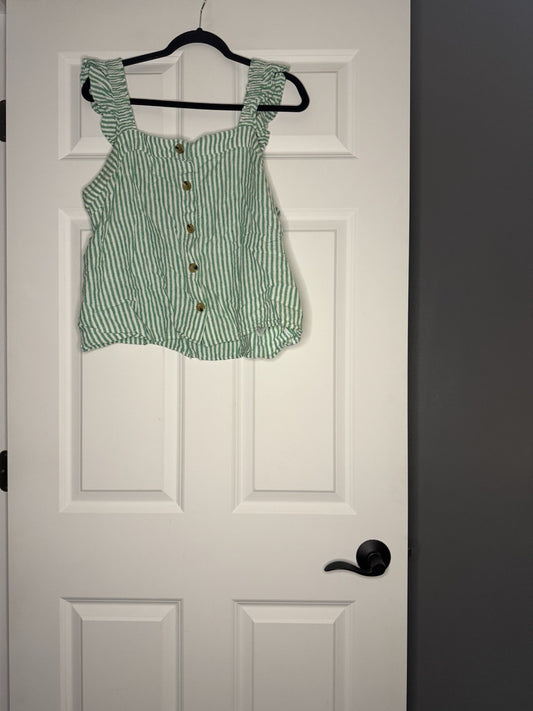 J Crew Large Sleeveless Top Ruffle Sleeve Green White Stripe