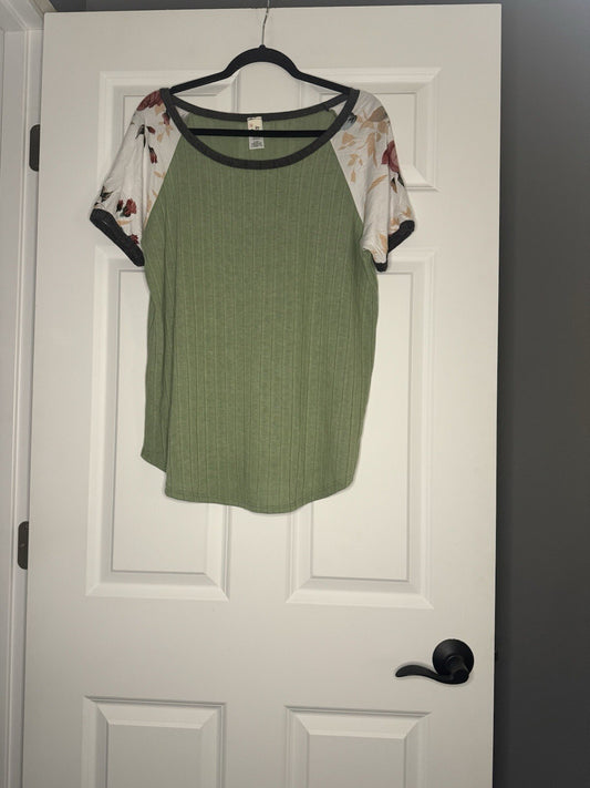 7th Ray Short Sleeve Blouse Green Ribbed Body Multi Floral Sleeves Charcoal Trim
