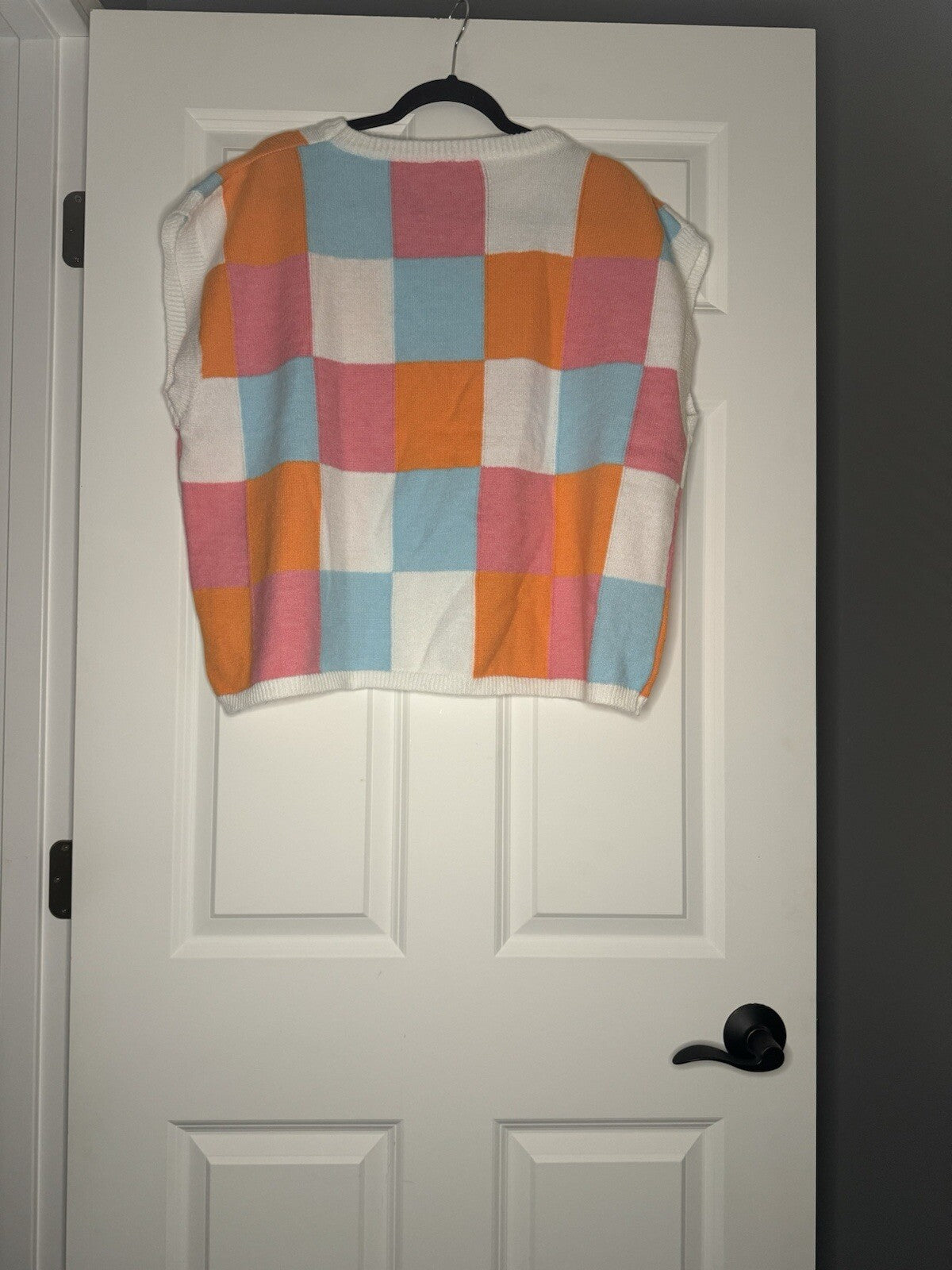 Bibi Large Short Sleeve Sweater White Pink Blue Orange Check 