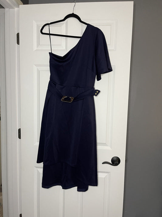 Venus One Shoulder Dress W Belt Size 12 Navy With Brown Buckle 