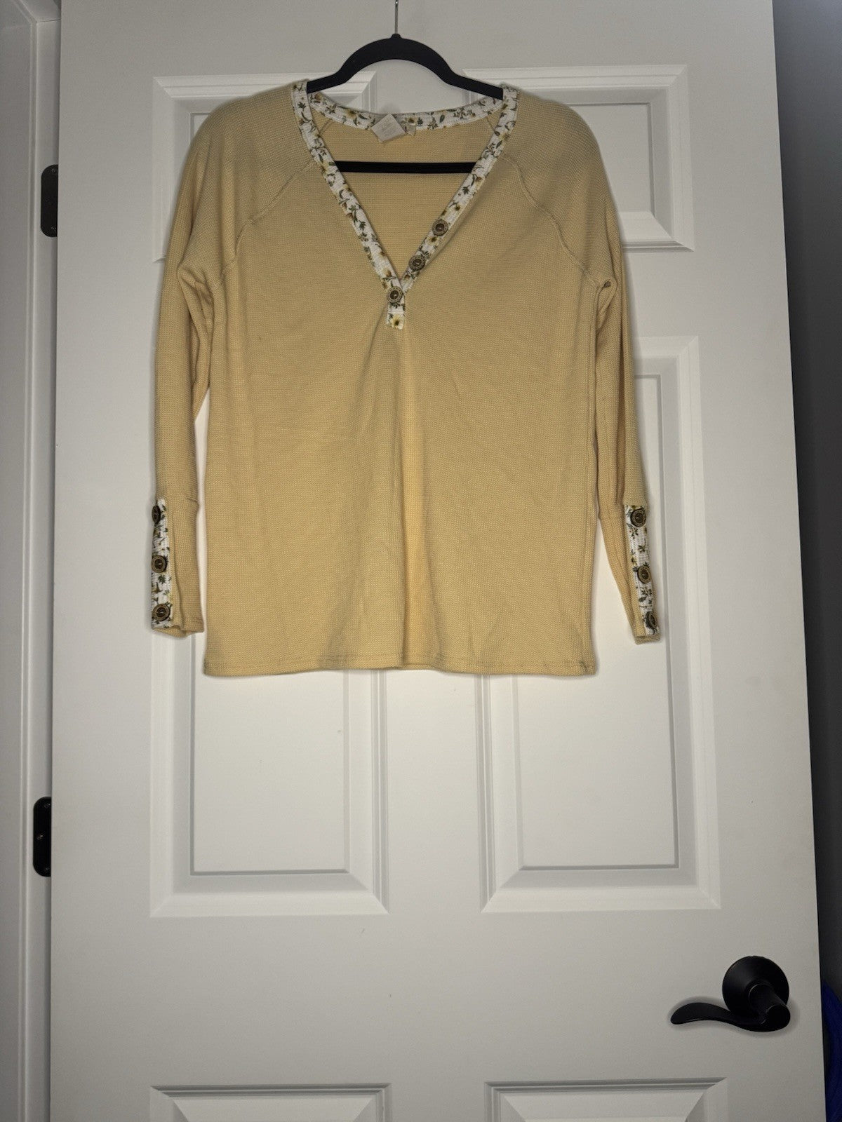 Bibi Long Sleeve Waffle Knit Top Yellow W White Green Yellow Floral Trim Large 