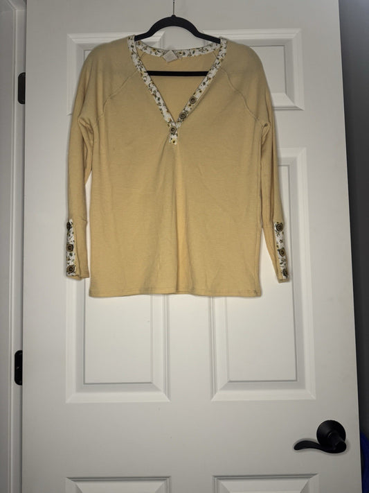 Bibi Long Sleeve Waffle Knit Top Yellow W White Green Yellow Floral Trim Large 